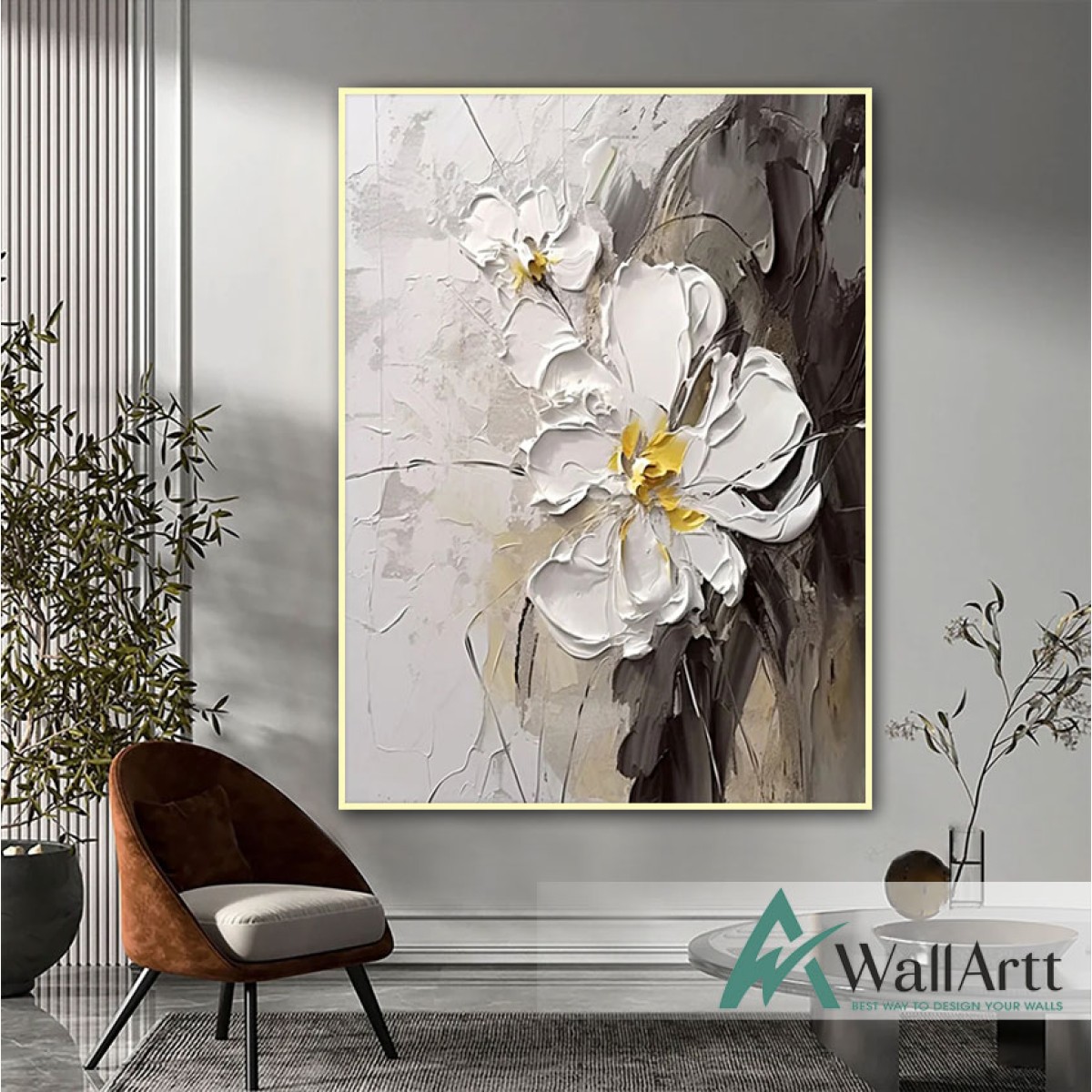 Abstract 2 White Flowers 3d Heavy Textured Partial Oil Painting